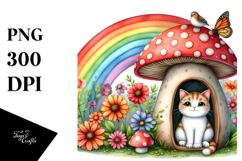 Watercolor Illustration of Cat House with Colorful Flowers | Product Image 1