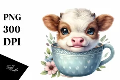 Cute Highland Cow Smiling in Cup | Sublimation | Clipart Product Image 1