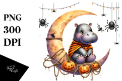 Hippo Dressed for Halloween on Half Moon PNG Product Image 1