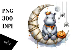 Hippo Dressed for Halloween, Watercolor PNG Product Image 1