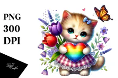 Colorful Cat with Heart, PNG Product Image 1