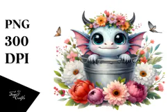 Cute Baby Dragon with Flowers PNG Product Image 1