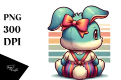 Colorful Vintage Bunny with Bow PNG Product Image 1