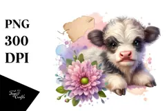 Highland Cow with Chrysanthemum PNG Product Image 1