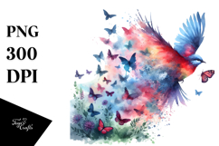 Colorful Bird Painting with Butterfly Silhouettes, PNG Product Image 1