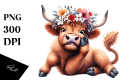 Highland Cow with Flower Crown PNG Product Image 1