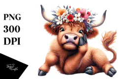 Highland Cow with Flower Crown PNG Product Image 1