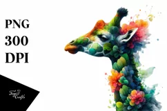 Vibrant Watercolor Giraffe with Flowers, PNG Product Image 3