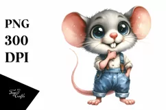 Watercolor Mouse Big Eyes, Farm Jeans Standing Clipart Product Image 1