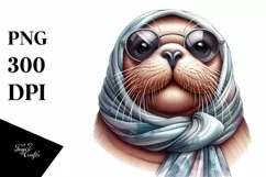 Washed Walrus Portrait with Silk Scarf | Watercolor Clipart Product Image 3