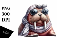 Washed Walrus Portrait with Silk Scarf | Watercolor Clipart Product Image 3
