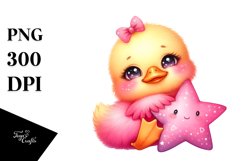 Smiling Cute Baby Duck Cuddling Star PNG Product Image 1
