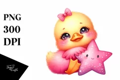 Smiling Cute Baby Duck Cuddling Star PNG Product Image 1