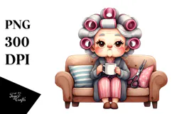Old Lady Watercolor Hair Curlers Clipart Product Image 1