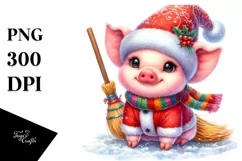 Cute Baby Pig Christmas Broom Clipart Product Image 3