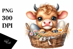 Watercolor Baby Highland Cow in an Egg Basket Product Image 1