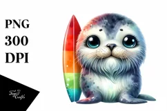 Colorful Baby Bearded Seal with Surf Board | Clipart Product Image 1