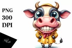 Whimsical Watercolor Cow in Raincoat | Clipart Product Image 1