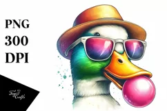 Duck Portrait with Sunglasses Hat, Watercolor Style, Clipart Product Image 1