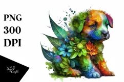 Abstract Vibrant Watercolor Puppy with Flowers, Transparent Product Image 1