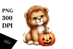 Baby Lion with Halloween Pumpkin, PNG Product Image 1