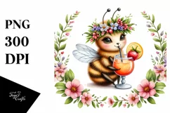 Watercolor Young Bee with Flowers | Sublimation Clipart Product Image 1