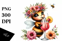 Watercolor Young Bee with Flowers | Sublimation Clipart Product Image 1