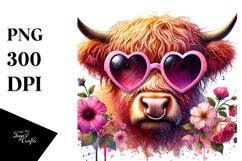 Detailed Pink Highland Cow with Heart Sunglasses, PNG Product Image 1