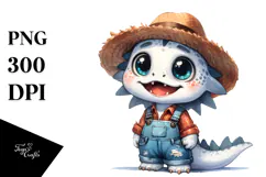 Watercolor Baby Dragon with Sun Hat and Raincoat | Clipart Product Image 1