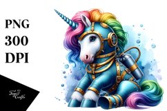 Baby Unicorn in Diver&#039;s Suit, Watercolor PNG Product Image 1