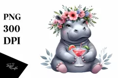 Watercolor Young Hippo with Flowers | Sublimation Clipart Product Image 3