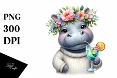 Watercolor Young Hippo with Flowers | Sublimation Clipart Product Image 1