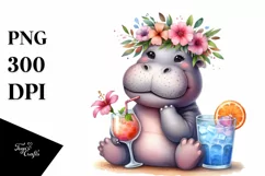 Watercolor Young Hippo with Flowers | Sublimation Clipart Product Image 3