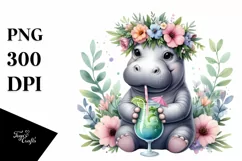 Watercolor Young Hippo with Flowers | Sublimation Clipart Product Image 3