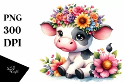 Sweet Cartoon Cow with Flower Crown | Sublimation | Clipart Product Image 1