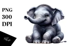 Digital Watercolor Cute Baby Elephant PNG Product Image 1
