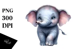 Digital Watercolor Cute Baby Elephant PNG Product Image 1