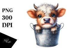 Watercolor Baby Highland Cow in a Bucket Product Image 1