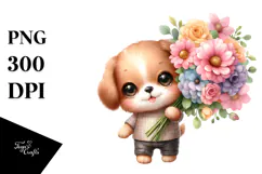 Funny Puppy with Flower Bouquet | Sublimation | Clipart Product Image 1
