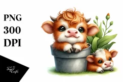 Watercolor Baby Highland Cow in a Pot Product Image 1
