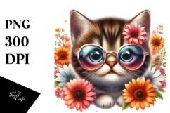 Baby Cat with Sunglasses and Flower, Watercolor Design PNG Product Image 1