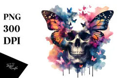 Colorful Skull Painting with Butterfly Silhouettes, PNG Product Image 1
