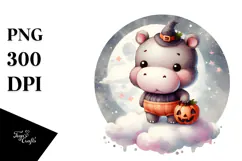 Cute Baby Hippo on Halloween Retro PNG Product Image 1