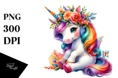 Cute Baby Unicorn with Floral Wreath PNG Product Image 1