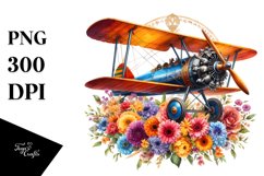 colorful Vintage Biplane with Flowers | Clipart Product Image 3