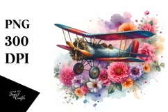colorful Vintage Biplane with Flowers | Clipart Product Image 1