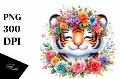 Colorful Flower Crown Tiger | Sublimation Clipart Product Image 1