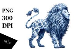 Watercolor Blue Toile Lion PNG Product Image 1