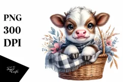Watercolor Baby Highland Cow in a Basket Product Image 1