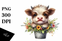Watercolor Baby Highland Cow in a Vase Product Image 1